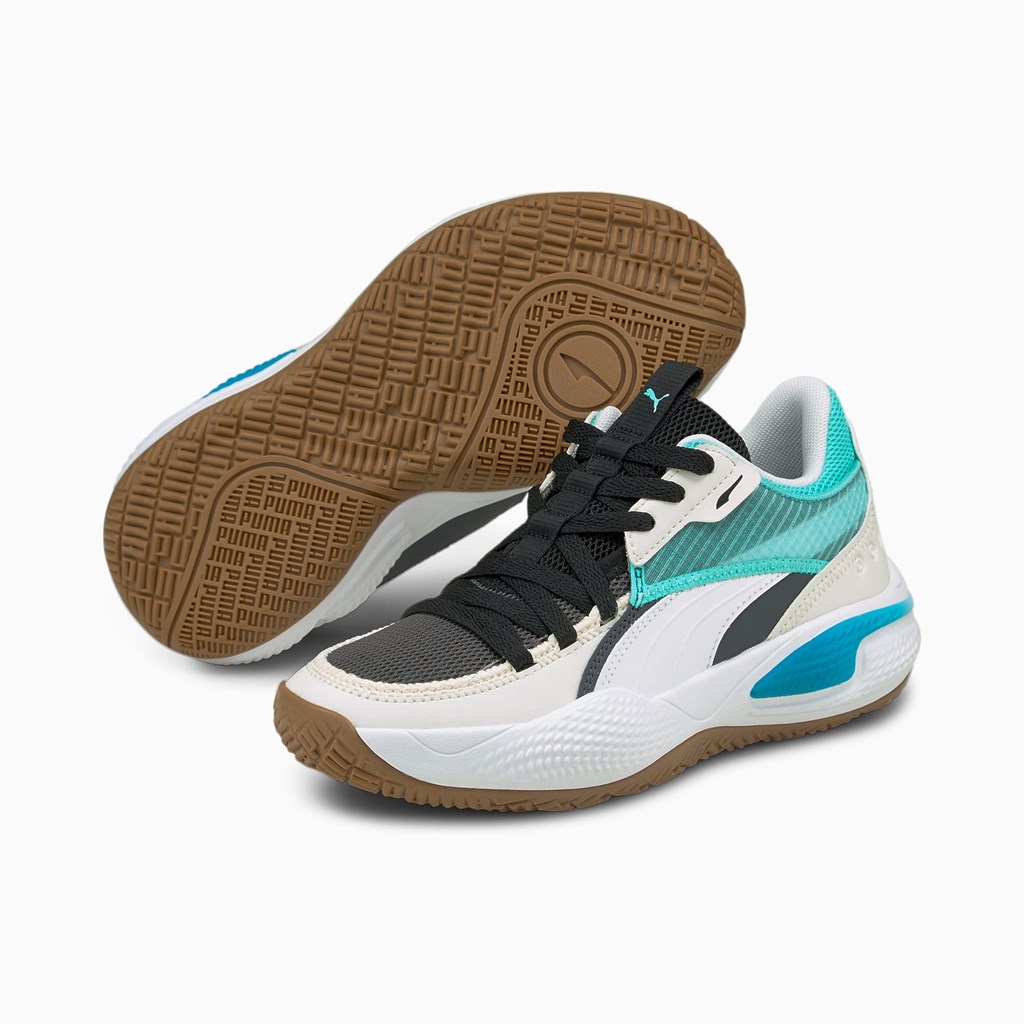 Chlapecké Basketbalové Boty Puma Court Rider Summer Days JR Ebony / Elektro Aqua | 854671-ASF