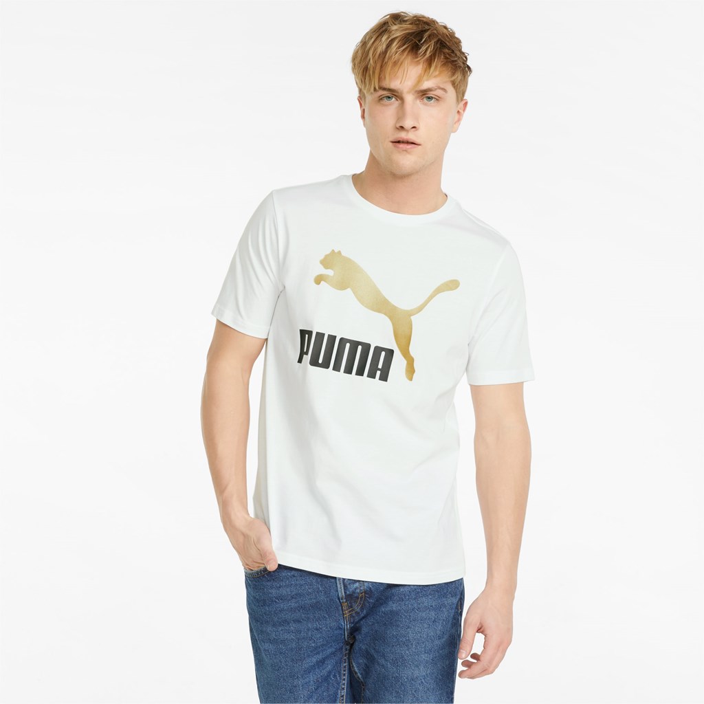 Pánské Běžecké Tričko Puma Classics Logo Metallic Bílé Zlaté | 316YCELHS