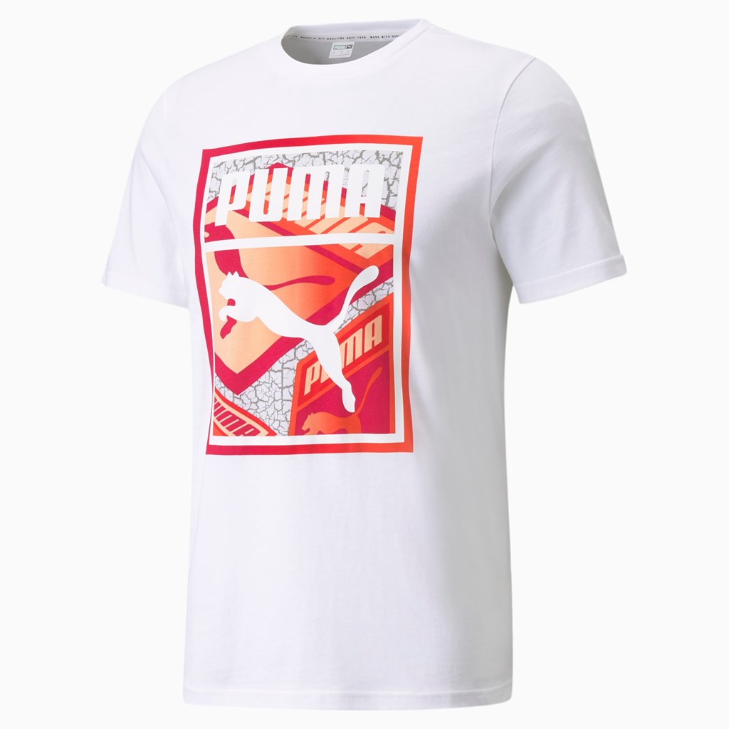 Pánské Běžecké Tričko Puma Graphic Box Logo Play Bílé | 503RAJMDB